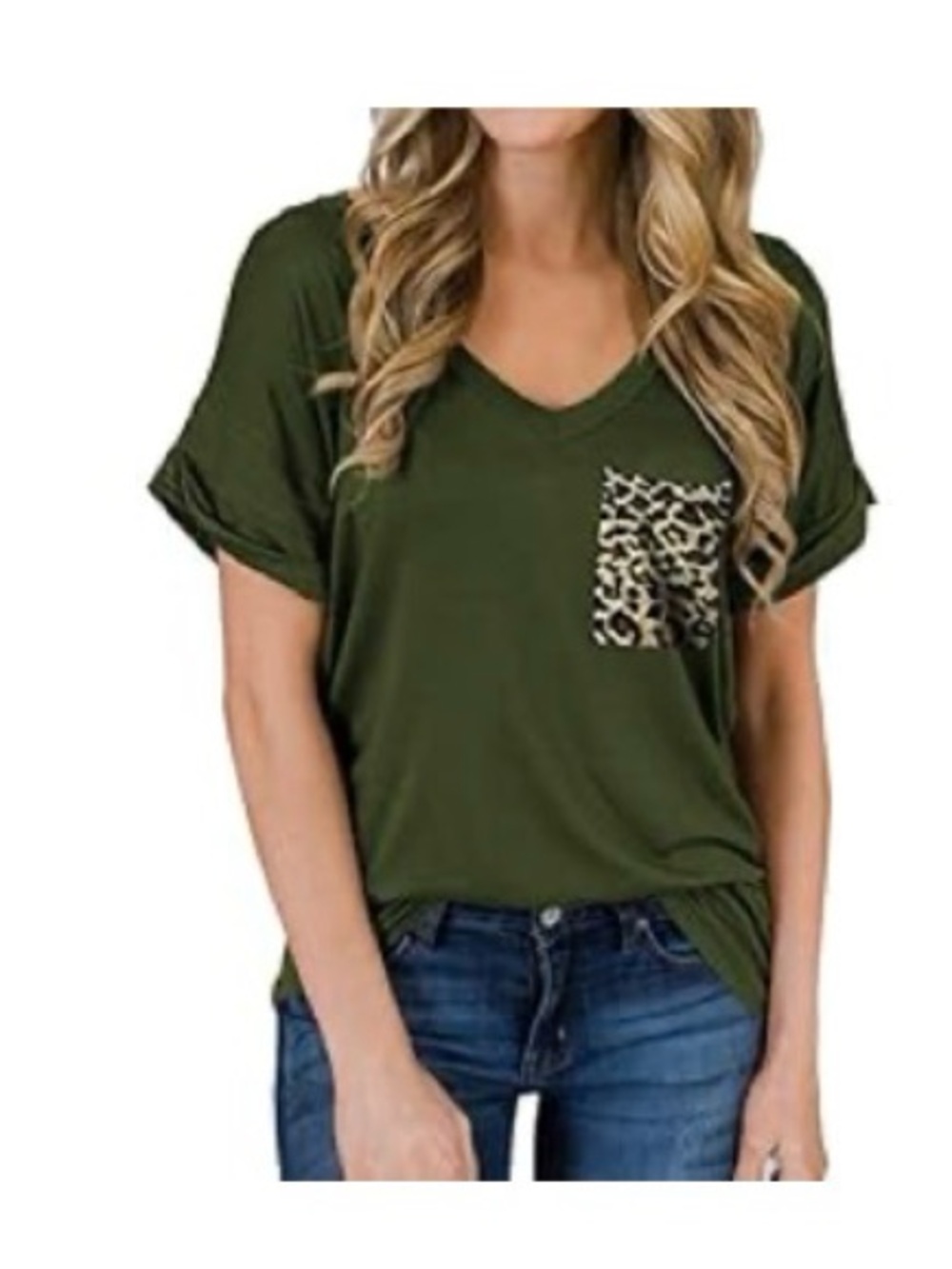 Dark Green Cheetah V-Neck Pocket Tee | Size Large | Casual Short Sleeve